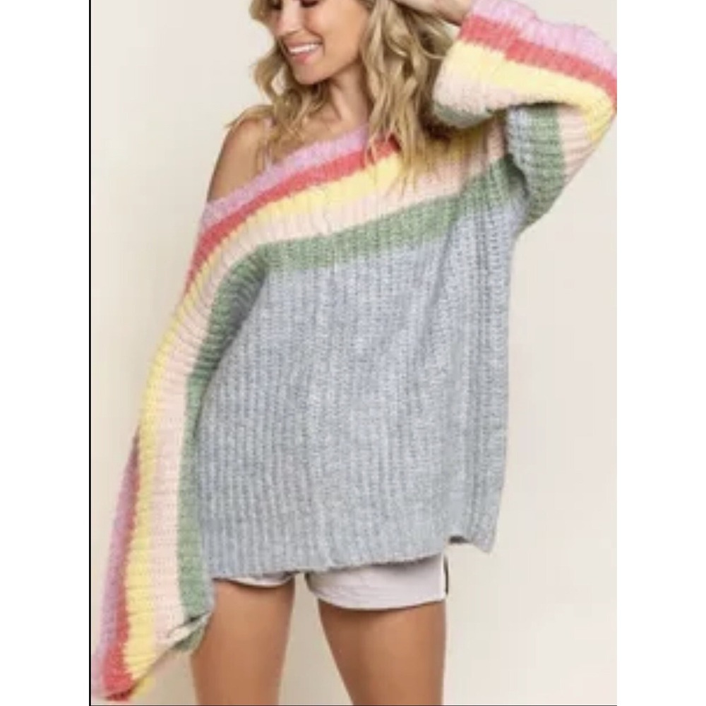 POL Sweater Womens Size Medium Rainbow Confetti Cake Striped Oversized Pullover